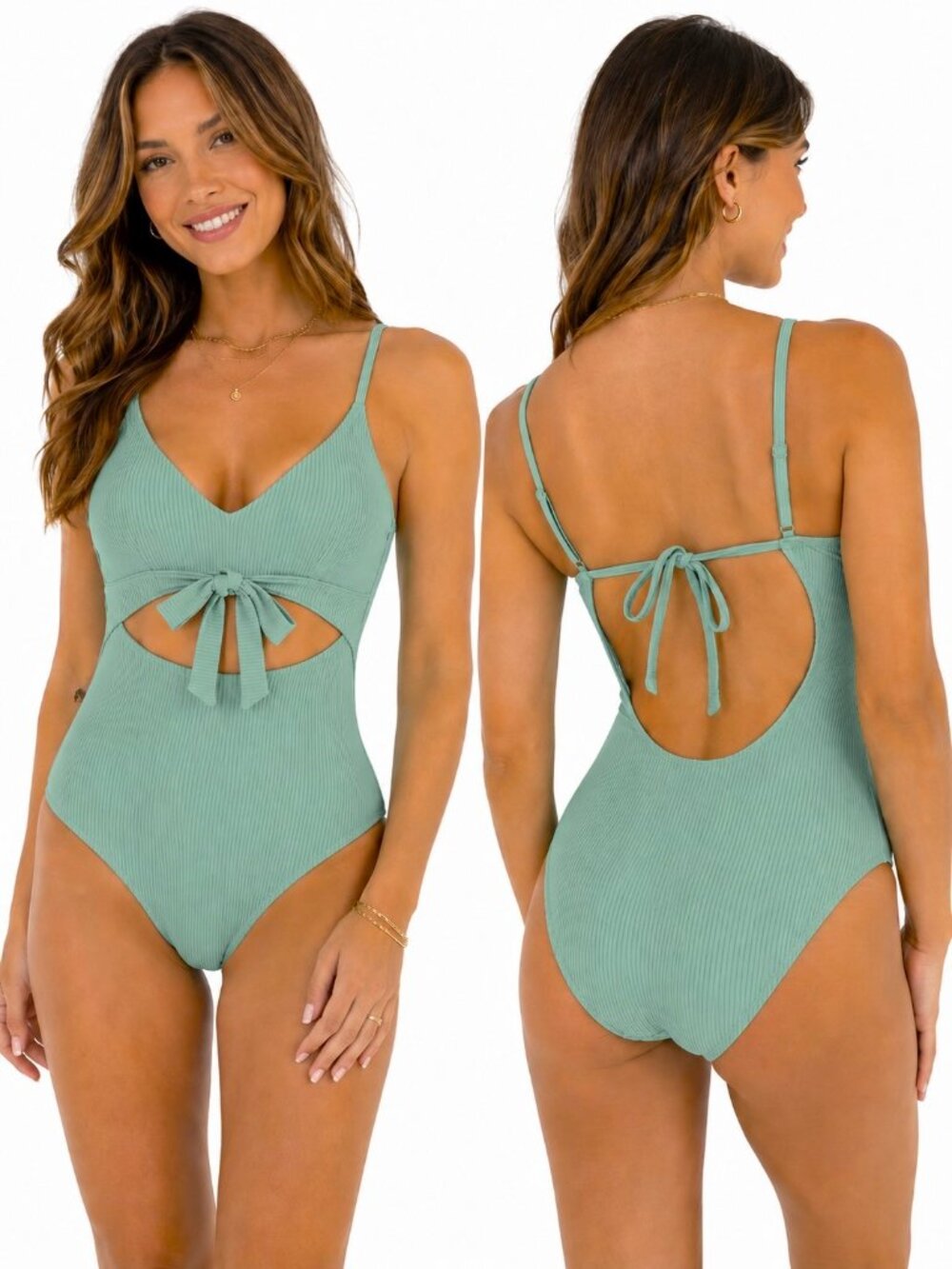 Shade & Shore Ribbed Plunge Cut Out Sash-Tie One Piece Swimsuit Womens Green XL